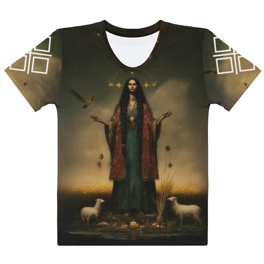 Mokosz Slavic Goddess Women’s T-Shirt – All-Over Print Mythology Tee with Bestiary Back Design