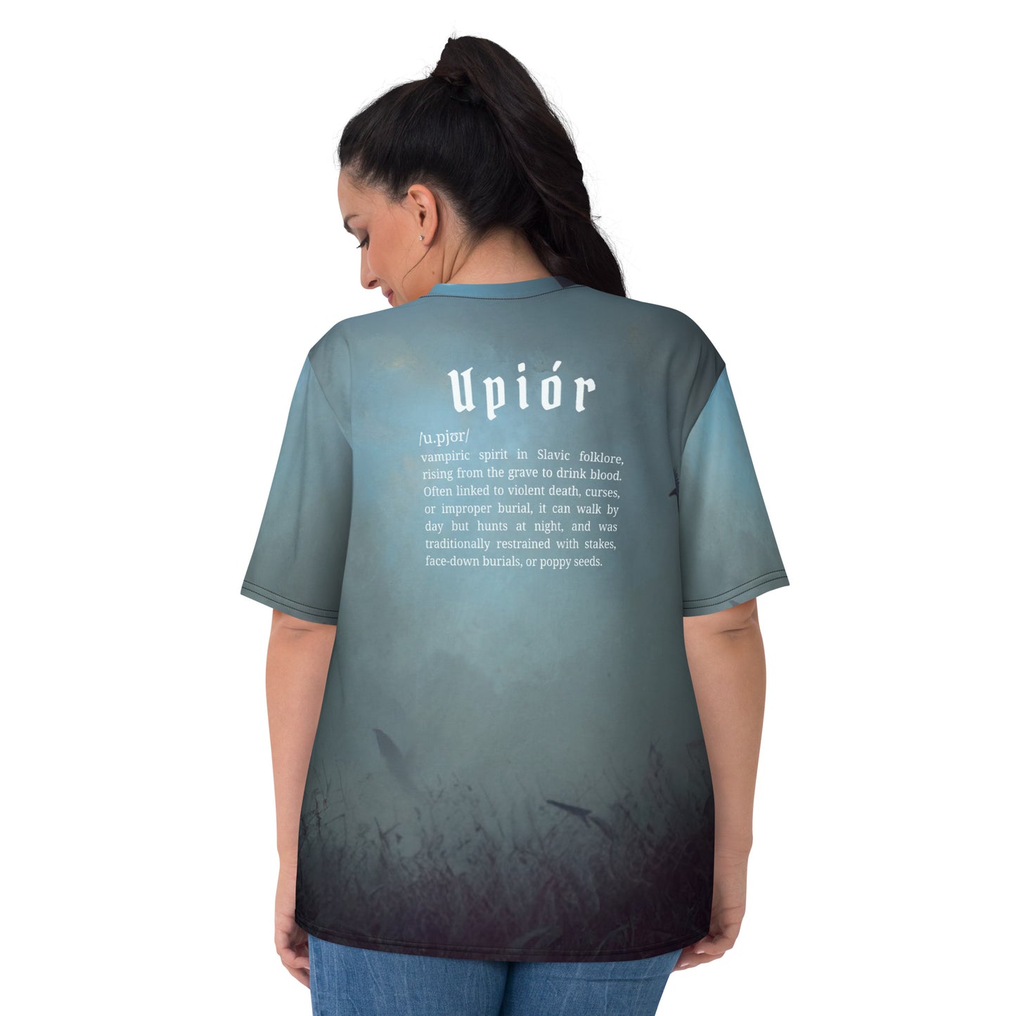 Upiór Slavic Creature Women’s T-Shirt – All-Over Print Mythology Tee with Bestiary Back Design