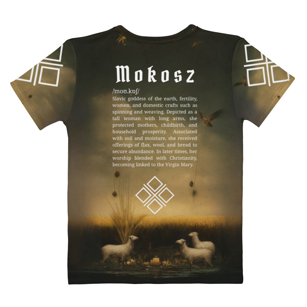 Mokosz Slavic Goddess Women’s T-Shirt – All-Over Print Mythology Tee with Bestiary Back Design