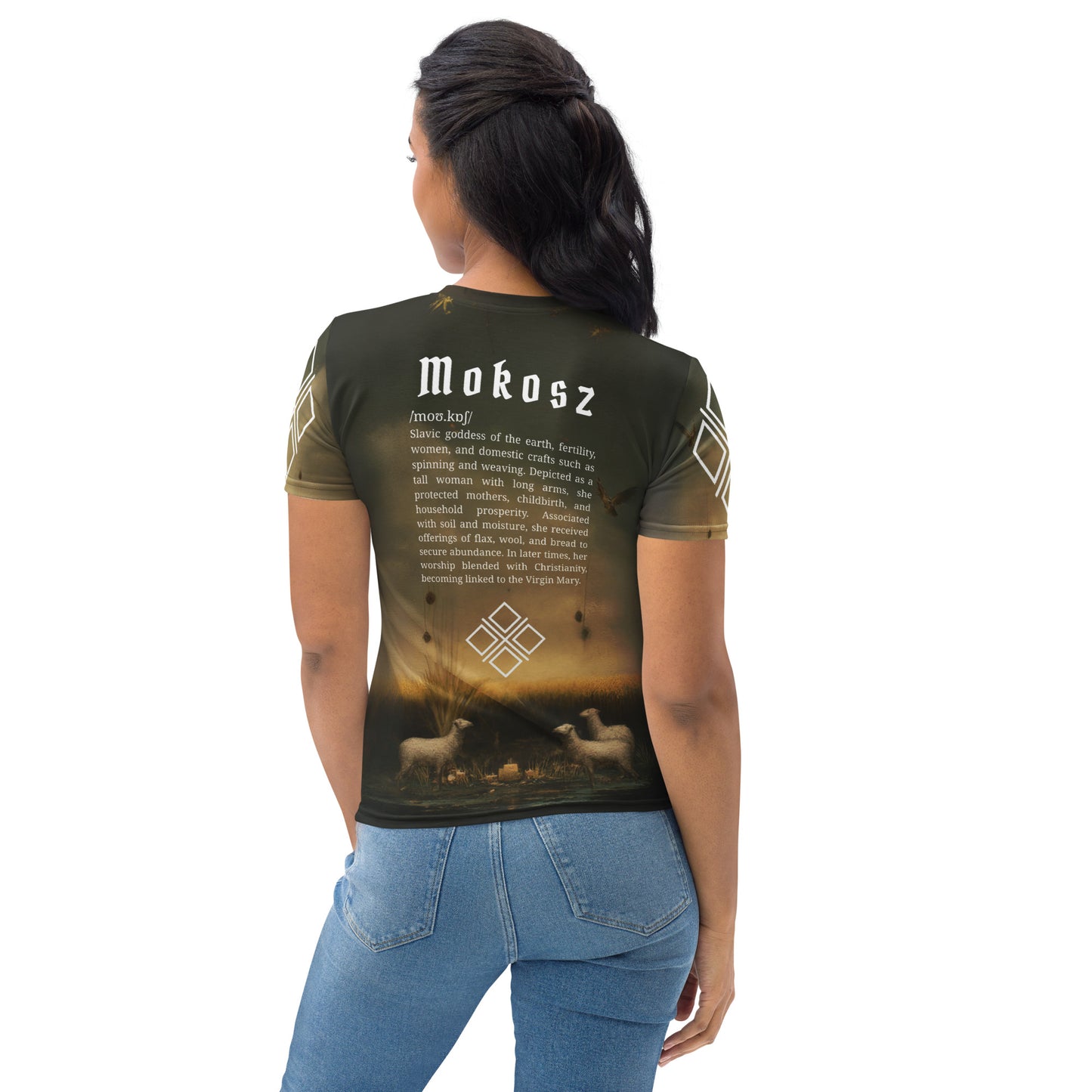 Mokosz Slavic Goddess Women’s T-Shirt – All-Over Print Mythology Tee with Bestiary Back Design