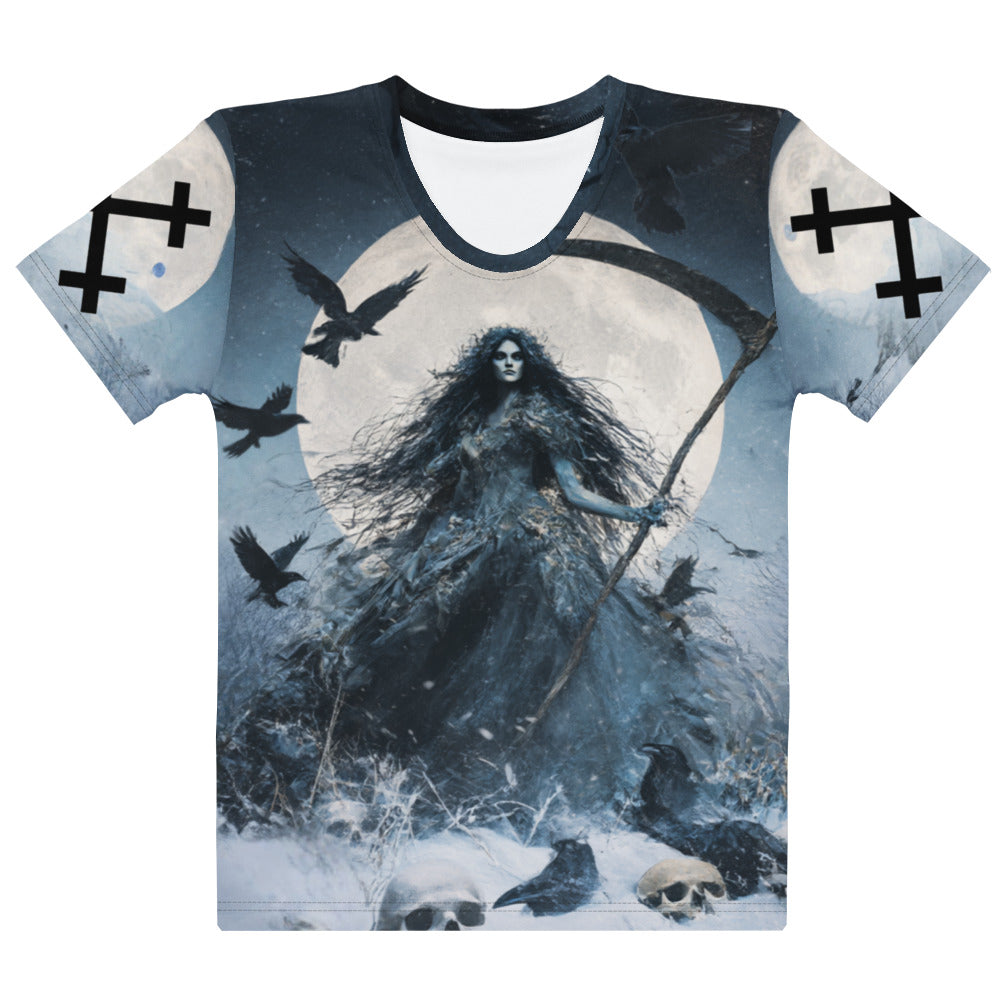 Morana Slavic Goddess Women’s T-Shirt – All-Over Print Mythology Tee with Bestiary Back Design