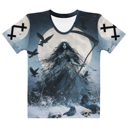 Morana Slavic Goddess Women’s T-Shirt – All-Over Print Mythology Tee with Bestiary Back Design